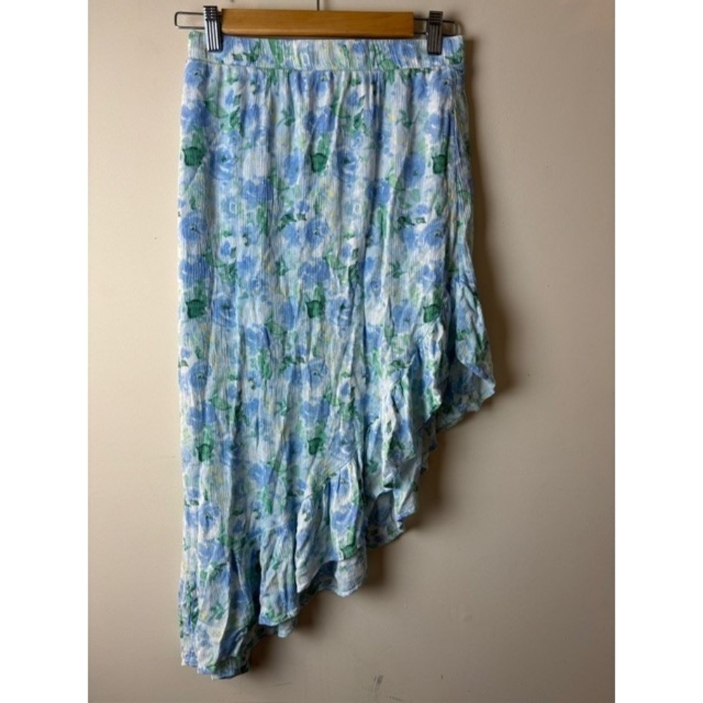 Womens S (3-5) No Boundaries Midi Skirt Blue Floral Asymmetrical Ruffled Pull On